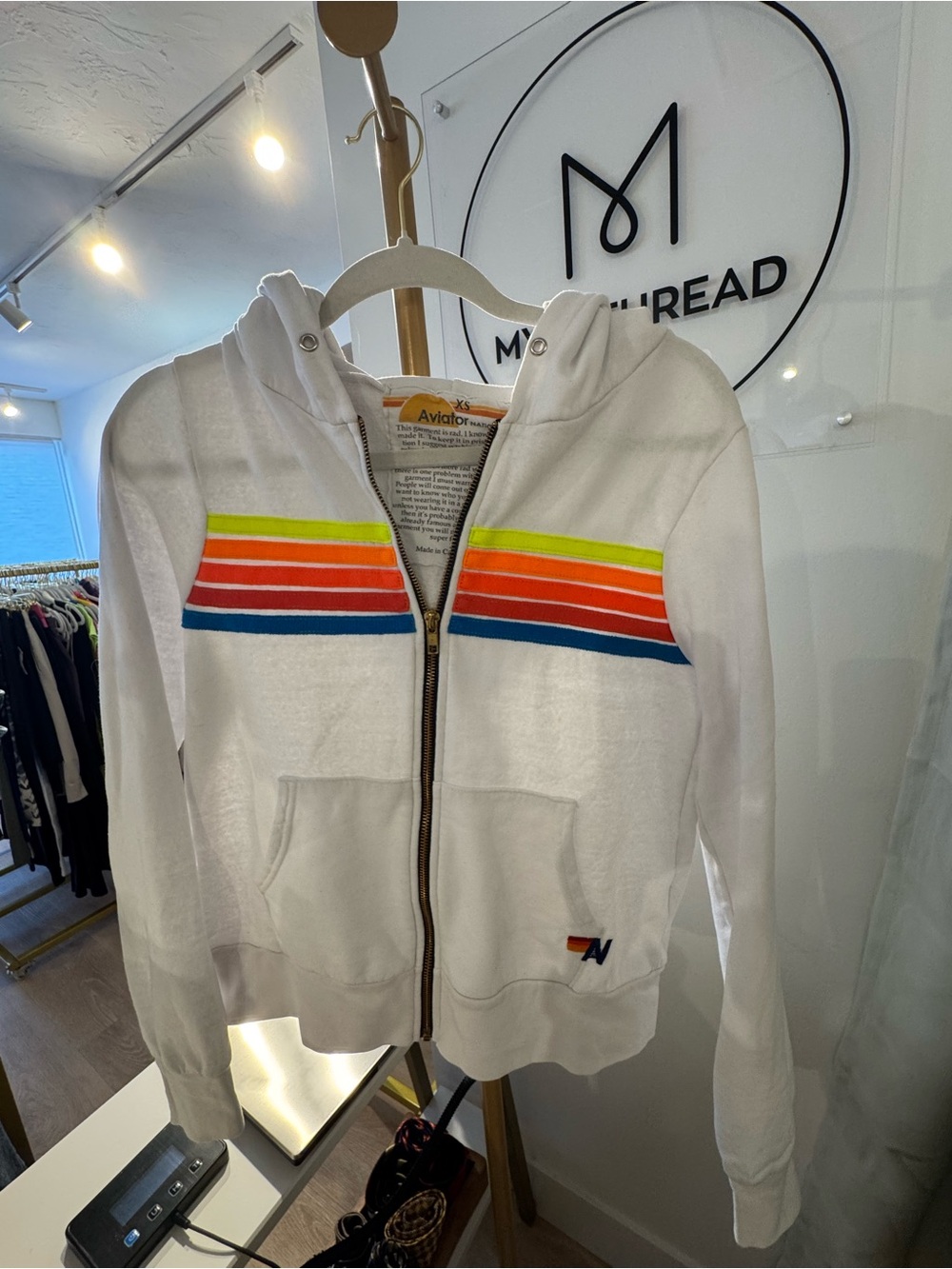 Aviator Nation White Hoodie with Rainbow Stripe Accents Size XS Fair Condition - Picture 3 of 9